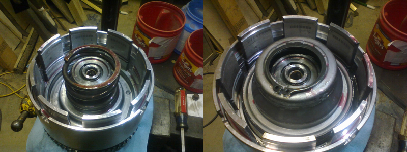 LEFT: The underdrive piston goes in, then this big ol’ return spring. RIGHT: This hat-shaped spring retainer has a molded seal built-in around the “lower” edge, but it’s a tight fit into the underdrive piston...
